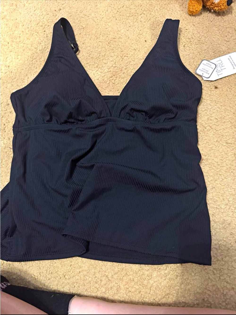 Time and Tru Black Ribbed Tankini Tank Swim Top L 12-14 Adjustable Straps Cups